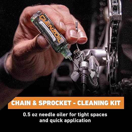 Clenzoil Chain & Sprocket Cleaning Kit - Chain Cleaner Lubricant Protectant (CLP) - Wet Lube Application, Dry Lube Performance - 4 oz Bottle, 0.5 oz Needle, Microfiber Towel & Chain Brush