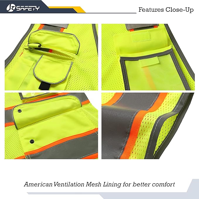 JKSafety 9 Pockets Hi-Vis Neon Yellow Zipper Front MESH Safety Vest with Fluorescent Orange Extend Edge outlining the Reflective Tapes Meet ANSI/ISEA Class 2 Standard (100-Yellow, 4XL)