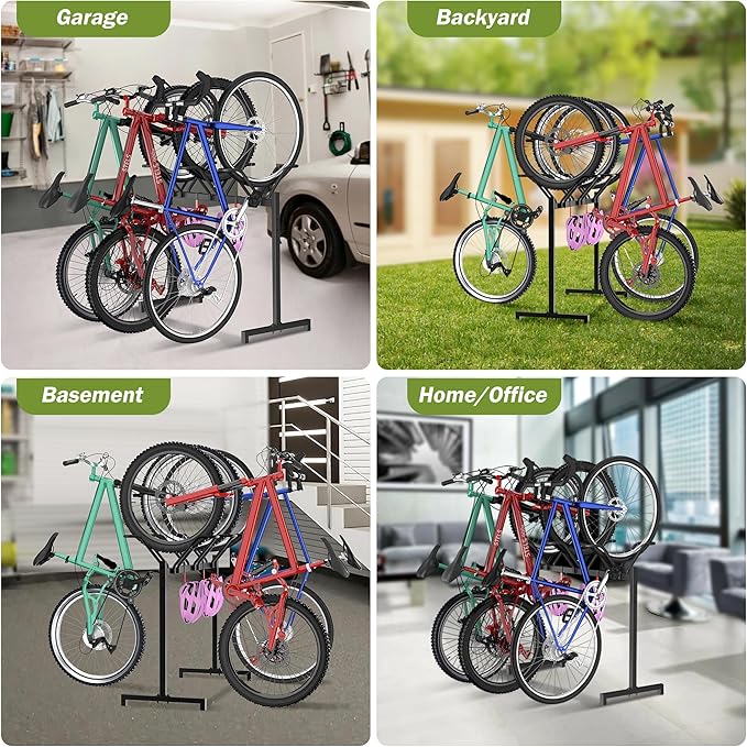 Sttoraboks 3 Bikes Floor Stand, Adjustable Bicycle Parking Rack with Hook for Garage, Indoor, Outdoor, Metal Cycle Storage Organizer Rack for Mountain, Road and Kids Bikes, Max Tire Width 2.5”, Black