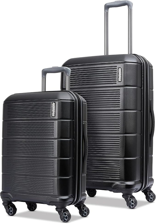 American Tourister Stratum 2.0 Hardside Expandable Luggage with Spinners, Jet Black, 2PC SET (Carry-on/Medium)