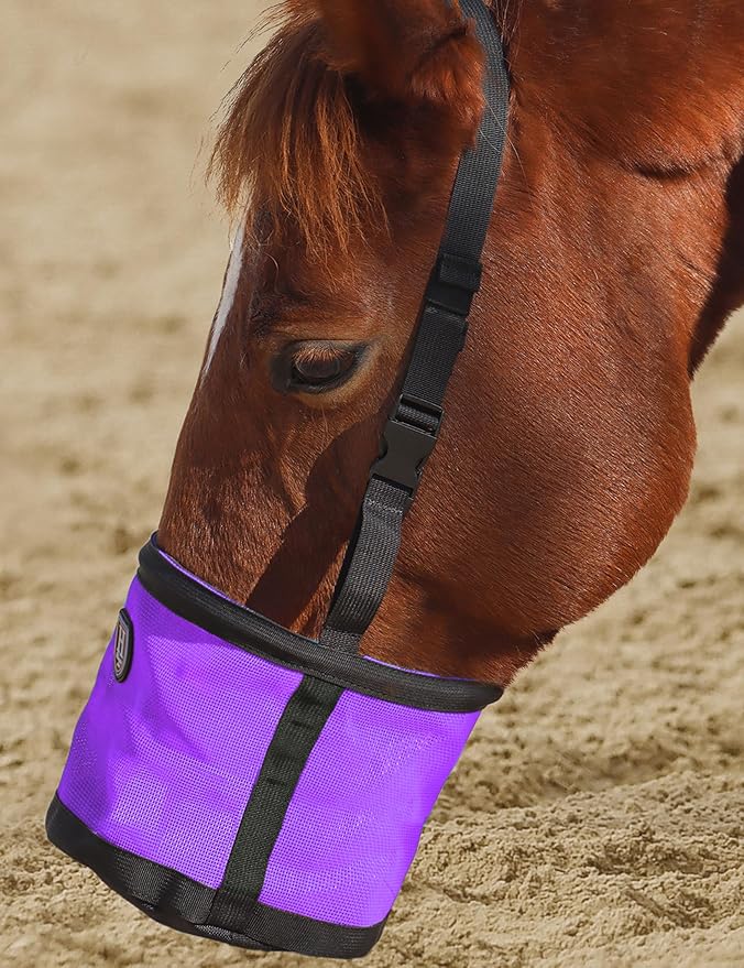 Harrison Howard Horse Muzzle Feed Bag Nylon Mesh Grain Feed Bag with Padded Neck Strap Adjustable Belt Purple Large