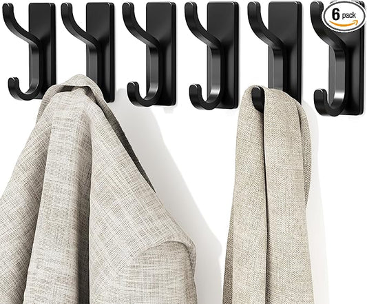 niffgaff Wall Hooks for Coat and Towel: 13lb Adhesive Door Hanger Stick On, Sticky Hook for Wall, Closet, Bathroom - Black, 6 Pack