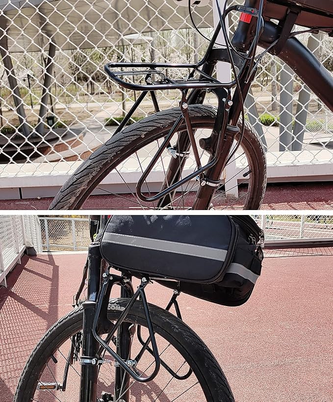 Front Bike Rack, 15KG Capacity Bicycle Luggage Rack Universal Cargo Carrier for Mountain/City Bike, Heavy Duty Touring Pannier Stand