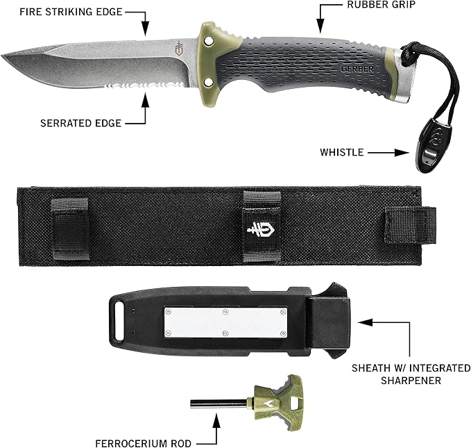 Gerber Gear アルティメット サバイバルナイフ、コンボエッジ固定刃ナイフ、ファイヤースターターエッジとフェロッド、ホイッスル、シャープナー内蔵シース付き - ブッシュクラフト、ハンティング、キャンプツール