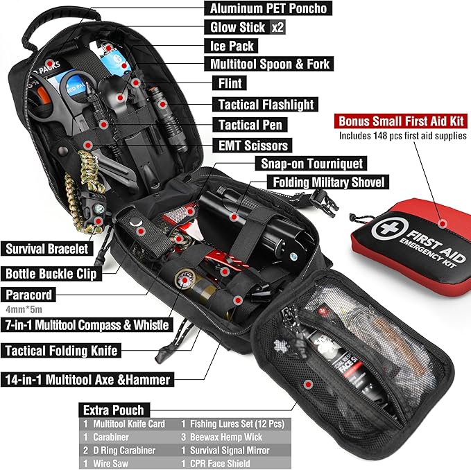 Survival First Aid Kit, 190 Pcs Survival Gear and Medical Supplies, Military IFAK EMT Molle Tactical Pouch for Outdoor, Camping, Hiking, Car, Vehicles and More