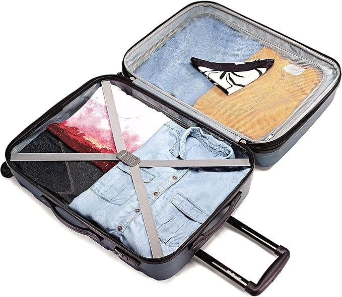 Samsonite Omni PC Hardside Expandable Luggage with Spinner Wheels, Navy, Checked-Medium 24-Inch