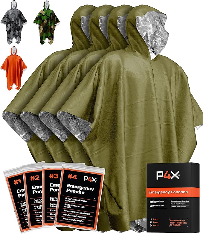PREPARED4X エマージェンシーマイラーポンチョ – サバイバルレインポンチョ（フード付き）– 軽量、コンパクト、再利用可能 緊急ブランケットポンチョ（ハイキング、キャンプ、防寒具、車載キット、アウトドア用）