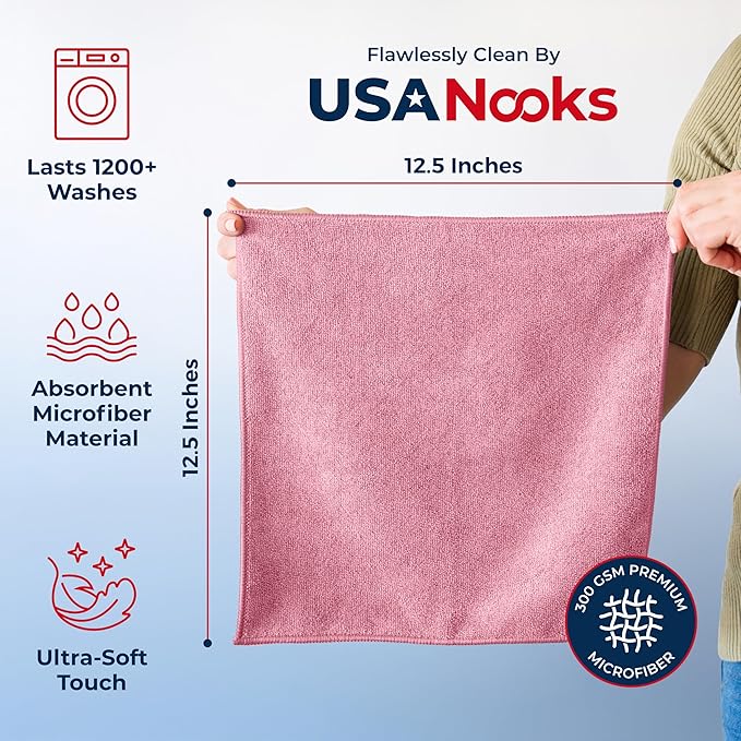 USANOOKS Microfiber Cleaning Cloth Light Pink - 100 Pcs 12.5"x12.5" - High Performance - 1200 Washes, Ultra Absorbent Towels Weave Grime & Liquid for Streak-Free Mirror Shine - Car Washing Cloth