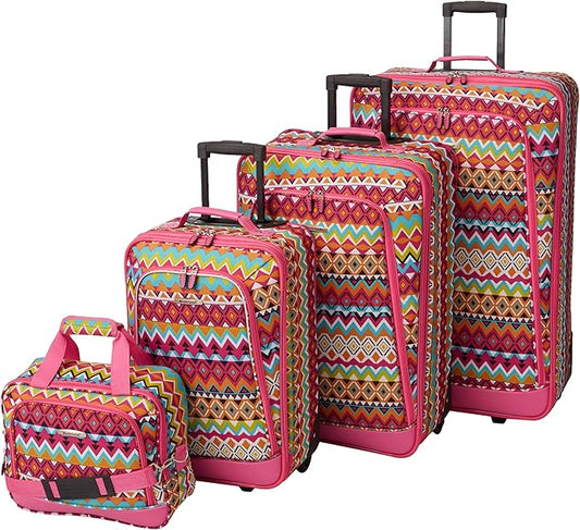 Rockland Escape 4-Piece Softside Upright Luggage Set,Telescoping Handles, Tribal, (14/19/24/28)