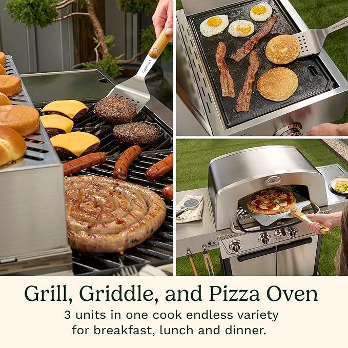 Cuisinart Propel+ 4-Burner 3-in-1 Gas Grill, Stainless Steel Versatile Grill, Griddle & Pizza Oven with Pizza Stone, Convertible to Natural Gas, Side Burner & Integrated Storage, Perfect for BBQs