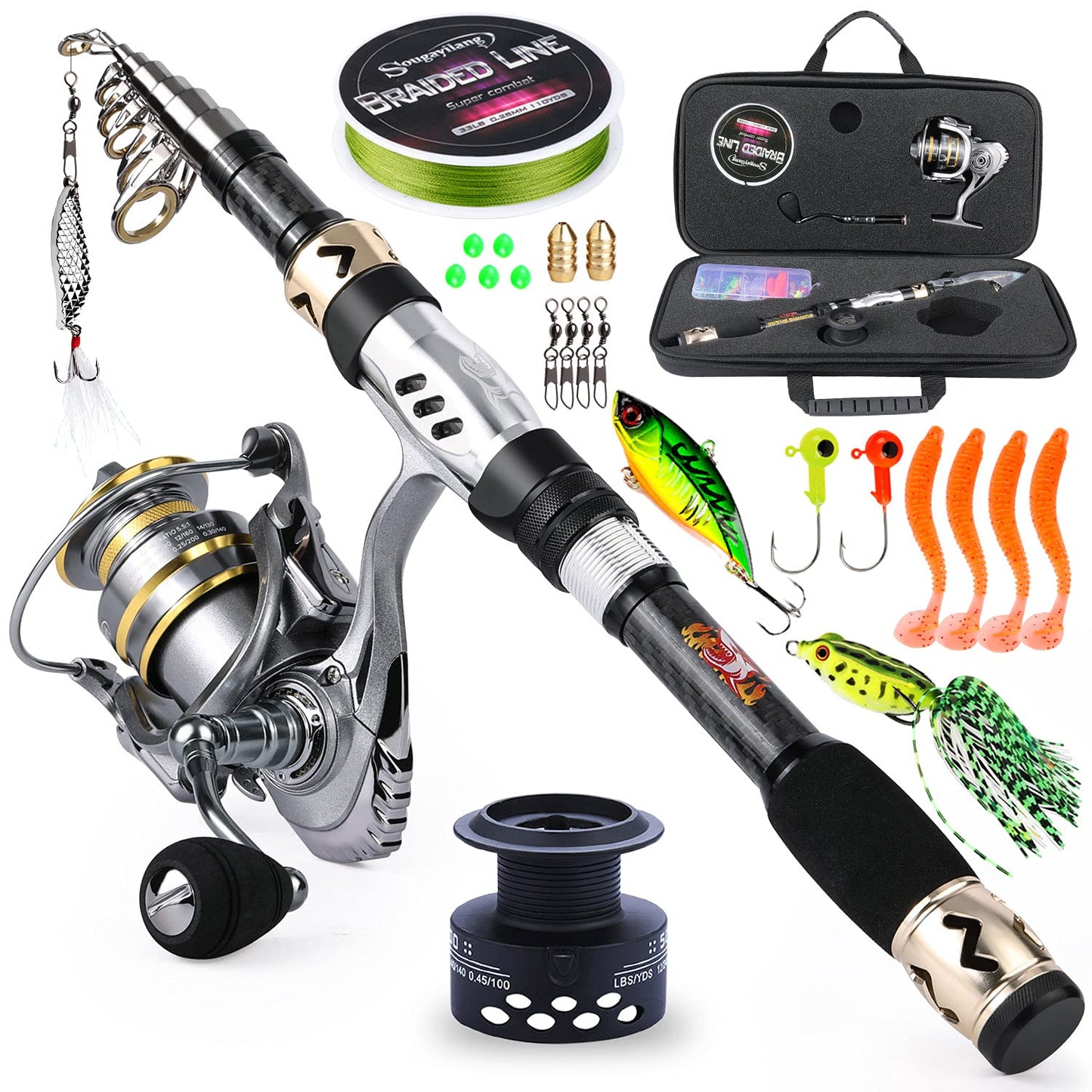 Sougayilang Telescopic Fishing Pole with Spinning Reel Portable Fishing Rod Reel Combos -2.4M/7.89Ft