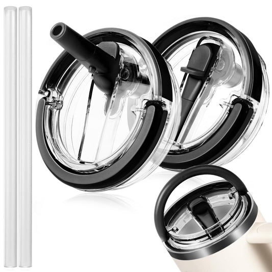 Stanley 40 oz Tumbler Flip Straw Lid Replacement with Top Handle Compatible with Stanley Cup 40oz Quencher Tumbler Leak-Proof No Spill Reusable Tumbler Lids with 2 Pc Straw Included (Black 2 Pack)