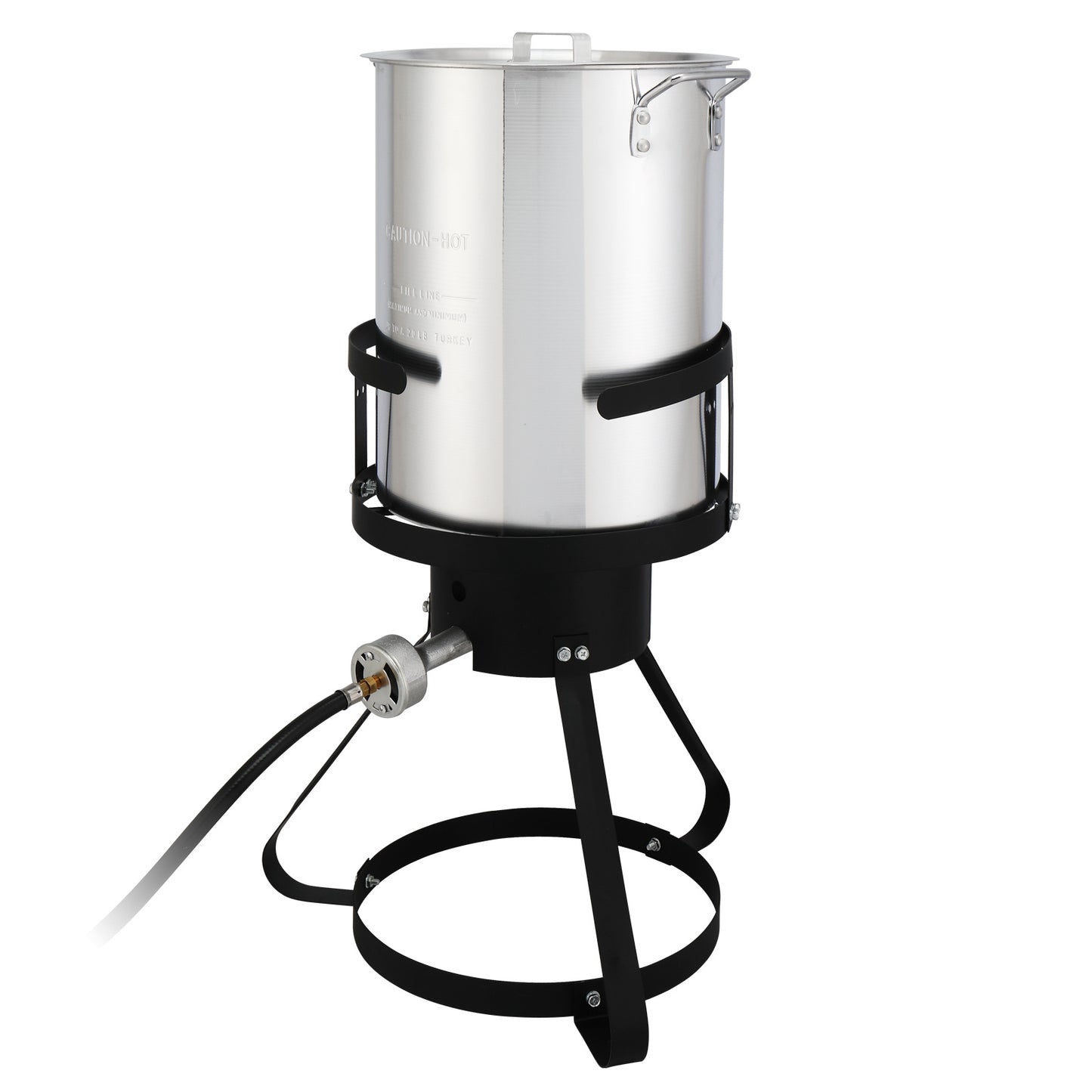 30QT Turkey Pot, 10QT Fish Pot, Four Piece Set, Black Circular Iron Frame, Silver Aluminum Pot, Gas Fryer