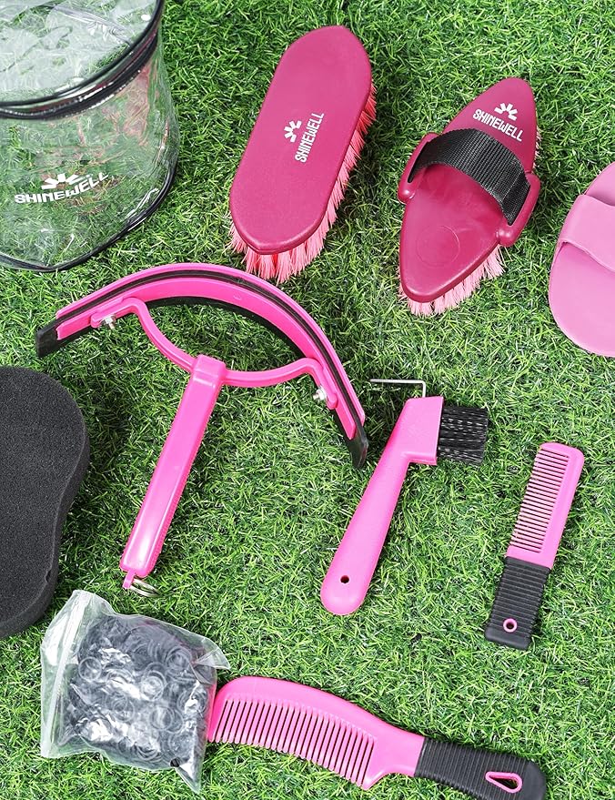 Shinewell Horse Grooming Kit, Complete Horse Brush Set, Equine Grooming Tools for Shedding & Daily Care Pink