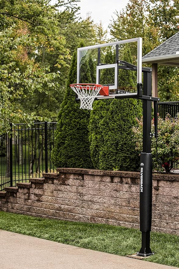 Silverback Height Adjustable In-Ground Basketball Hoop with Tempered Glass Backboard, Pro-Style Breakaway Rim & Backboard Pad