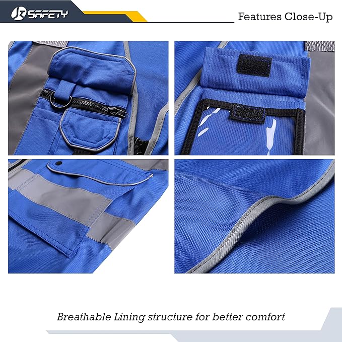 JKSafety 9 Pockets High Visibility Zipper Front Safety Vest With Reflective Strips Meets ANSI/ISEA Standard (150Blue-L)