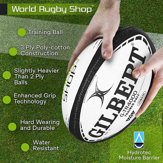 World Rugby Shop X Gilbert G-TR4000 Rugby Ball - Adult and Youth Sizes 3, 4, and 5 - Hand Stitched - 3 Ply Construction