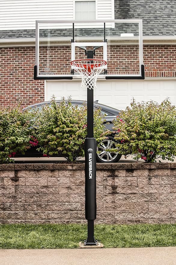 Silverback Height Adjustable In-Ground Basketball Hoop with Tempered Glass Backboard, Pro-Style Breakaway Rim & Backboard Pad