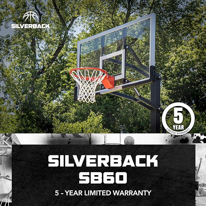 Silverback Height Adjustable In-Ground Basketball Hoop with Tempered Glass Backboard, Pro-Style Breakaway Rim & Backboard Pad
