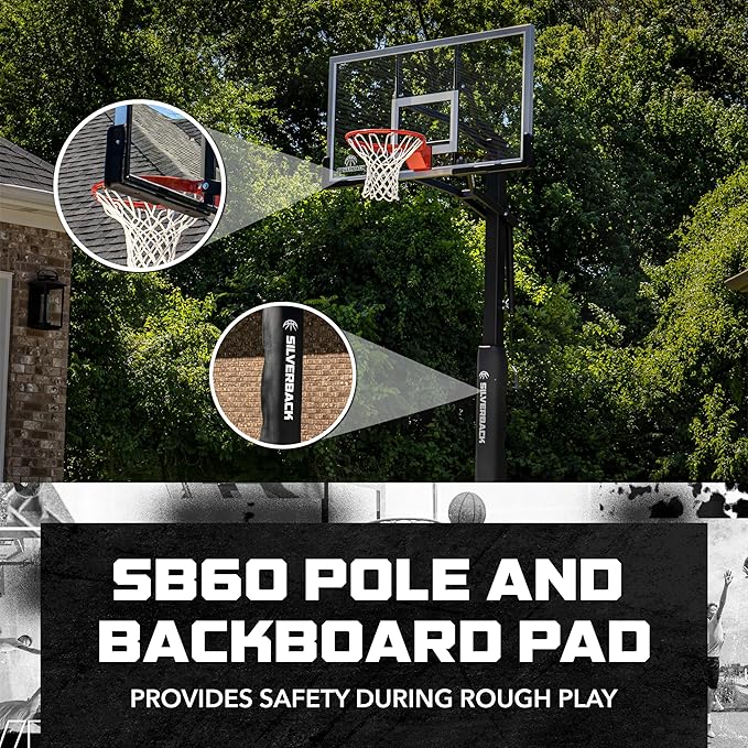 Silverback Height Adjustable In-Ground Basketball Hoop with Tempered Glass Backboard, Pro-Style Breakaway Rim & Backboard Pad