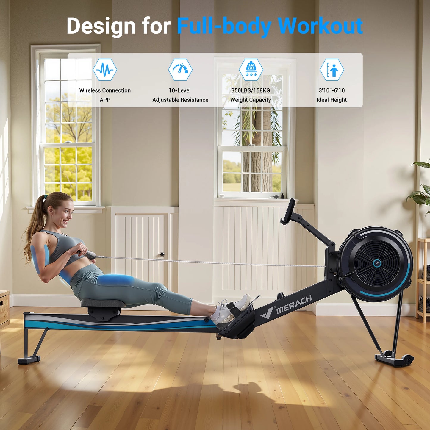 MERACH Rowing Machines R50 Home Adjustable Air Resistance Professional Rowing Machine Ergonomic Comfort Seat Performance Monitor