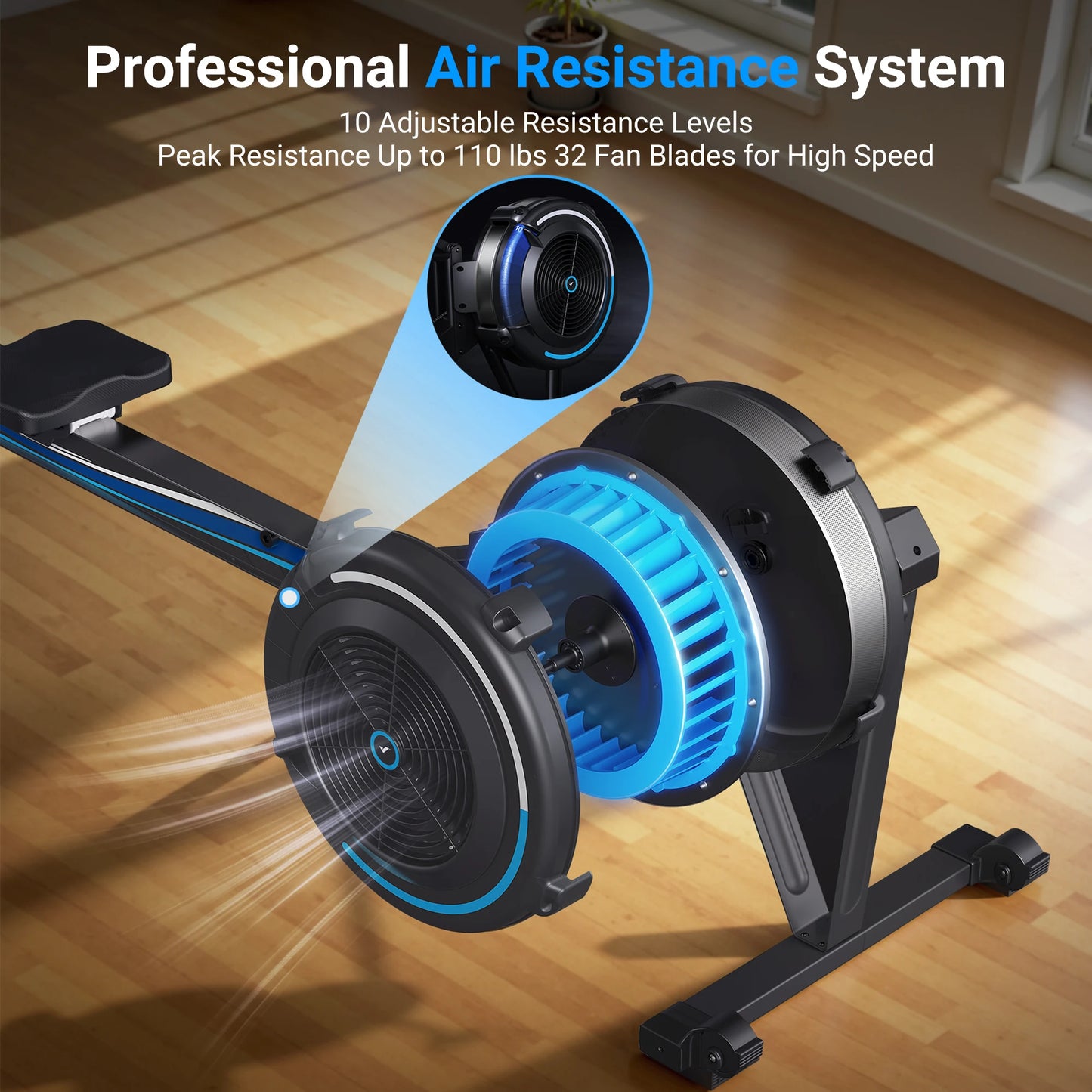 MERACH Rowing Machines R50 Home Adjustable Air Resistance Professional Rowing Machine Ergonomic Comfort Seat Performance Monitor