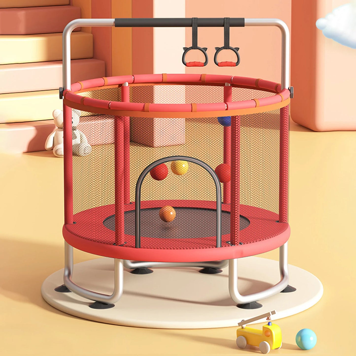 Kids Trampoline Adjustable Baby Toddler Trampoline with Basketball Hoop, Swing, Sandbag, Ocean Balls, Enclosure Net