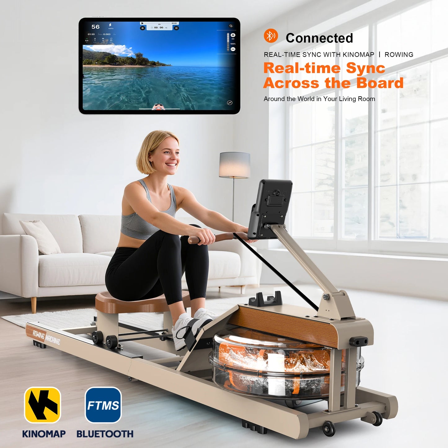 Rowing Machine for Home : Bluetooth Rower Water with Adjustable Tablet Holder - 98% Pre-Mounted Folding Rower