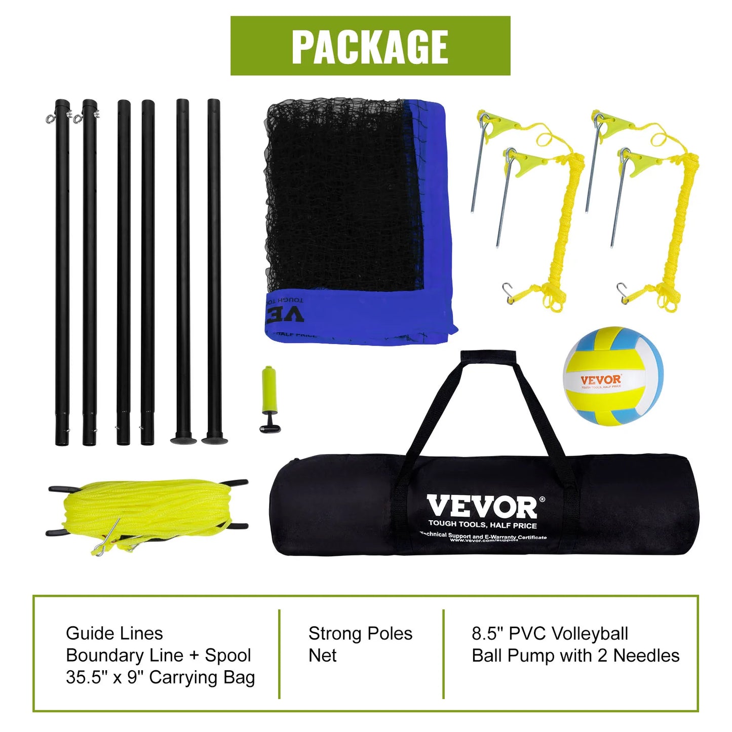 SucceBuy Outdoor Volleyball Net System Adjustable Height Steel Poles W/ PVC Volleyball Pump Carrying Bag for Backyard Beach Lawn