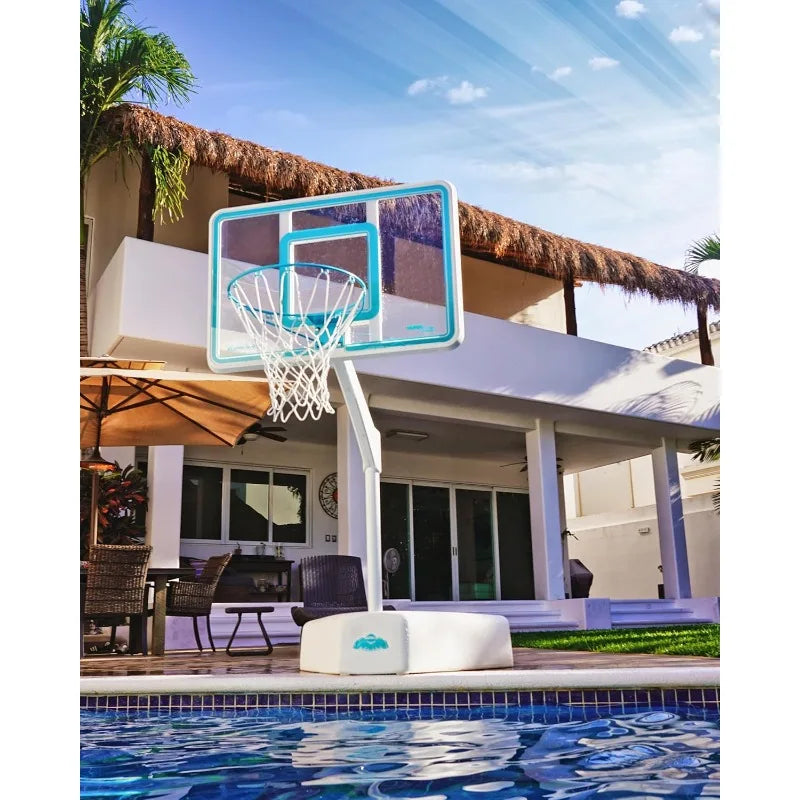 Dunn-Rite Splash & Shoot Outdoor Adjustable Height Swimming Pool Basketball Hoop w/Ball, Base, & 18 Inch Stainless Steel Rim, Ma
