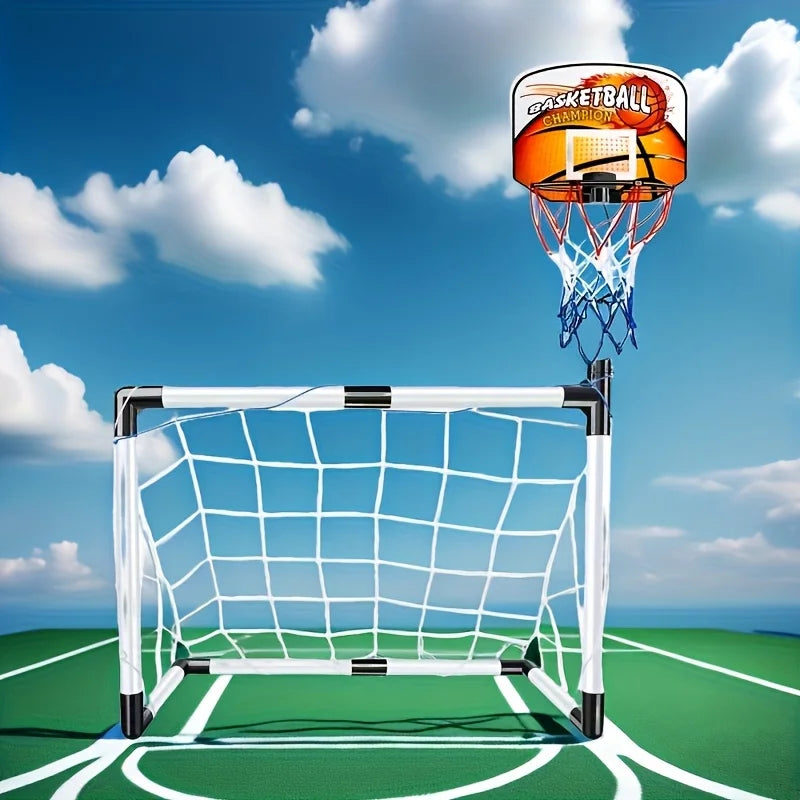 2-in-1 football goal and orange basketball hoop, perfect as gifts for Halloween, Christmas, Thanksgiving and birthdays.