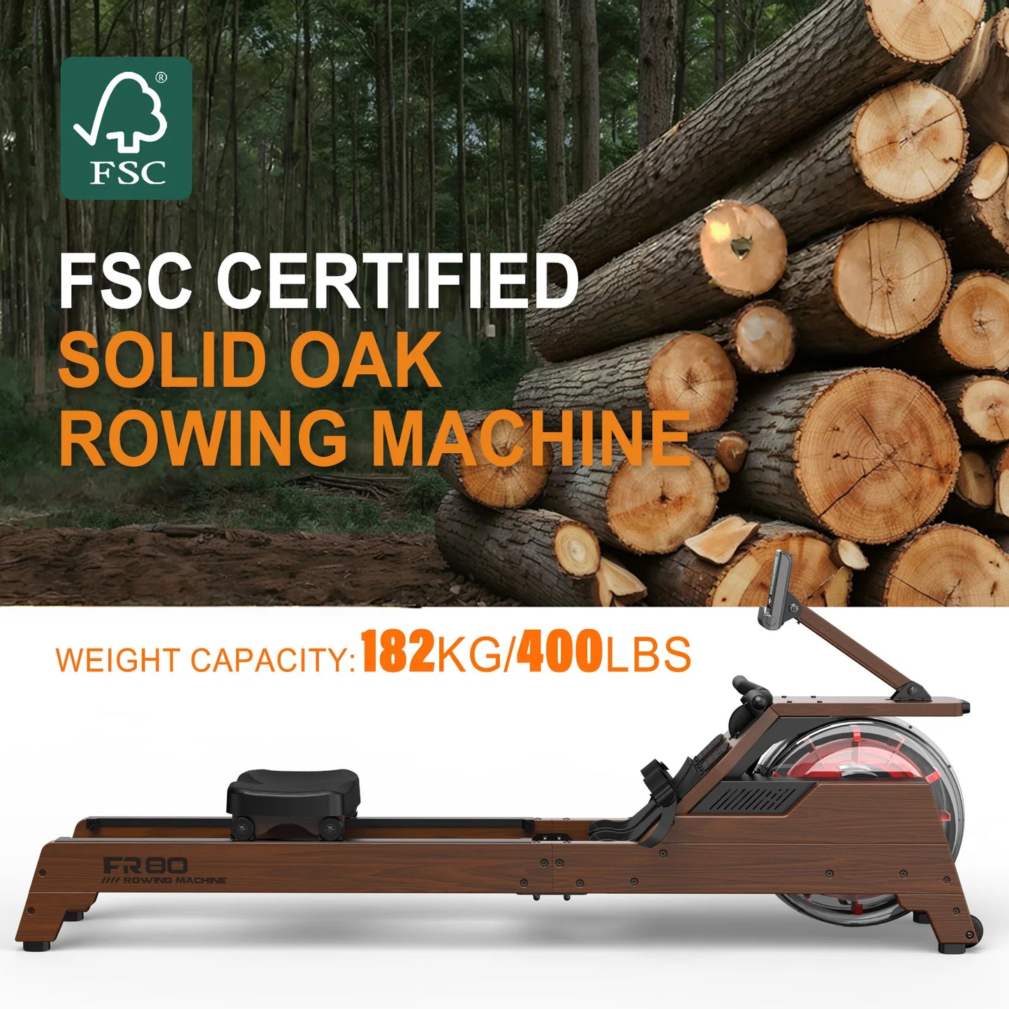 Fysiq Rowing Machine for Home: Wooden Water Rower with Vertical Water Tank, Bluetooth Compatible, for Users up to 210 cm Tall
