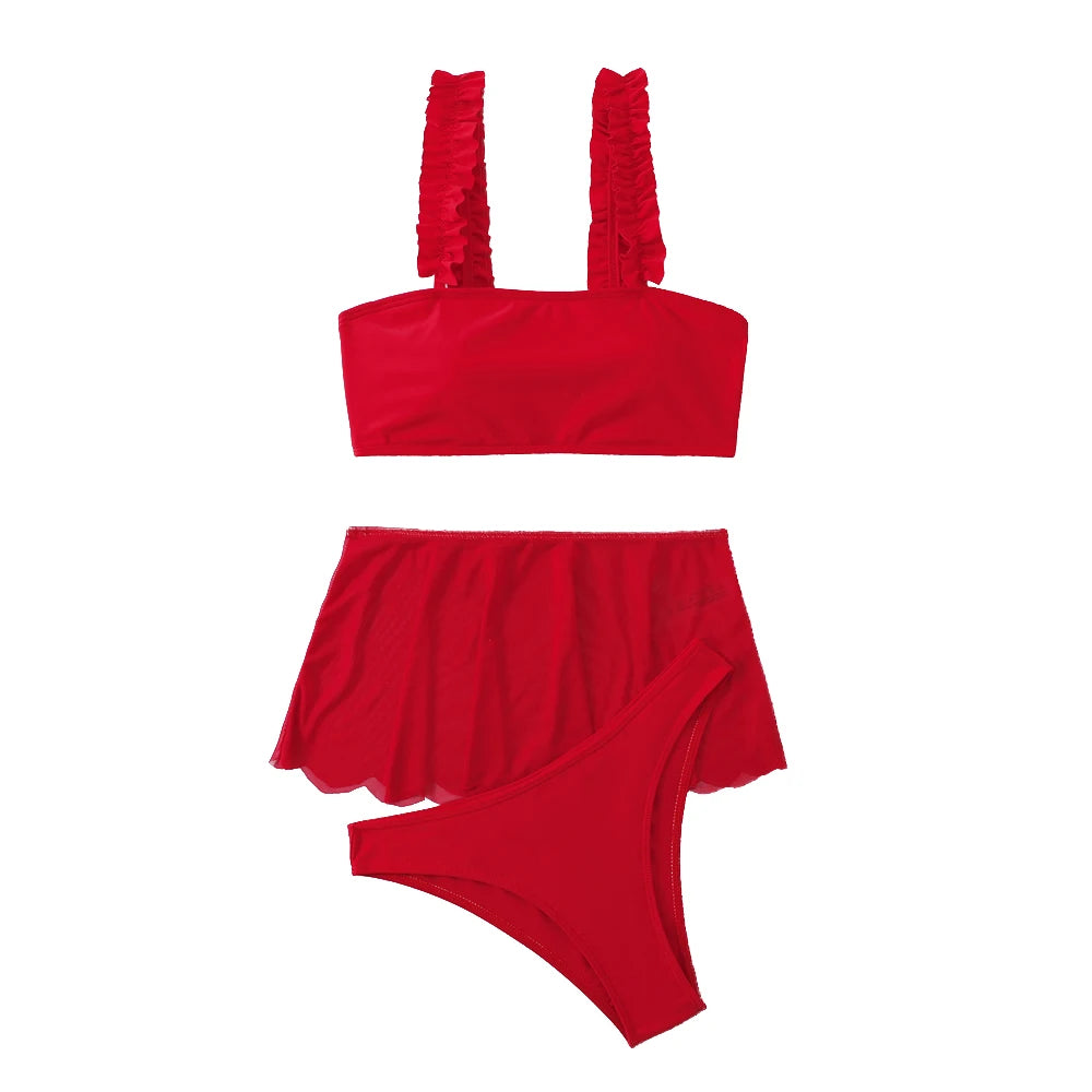 2026 Red Swimsuit Women Sexy High Waist Skirt Three-Piece Bikini Ruffle Suspender Chest Wrap Swimwear Summer Beach Bathing Suit