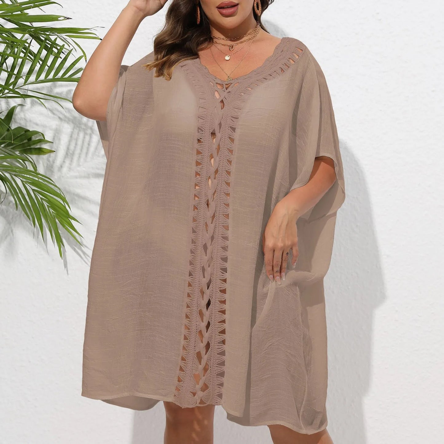 New Hole Beach Cover Ups For Swimwear Women Summer Beach Outfits Sundress Sexy Hollow Out Pink Swim Wear See Through Split Tunic