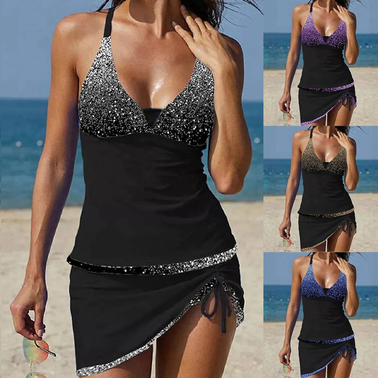 Women'S Split Swimwear Three Pieces High Waisted Green White Blue Golden Backless Swimsuit V Neck Push Up Bra With Sequin