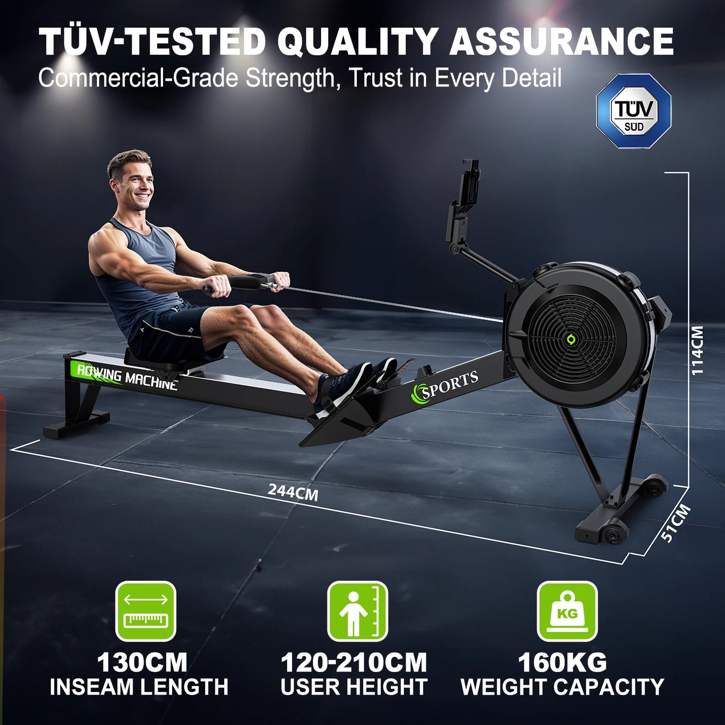 Rowing Machine for Home with Air Resistance, Bluetooth Board Computer, Adjustable Tablet Holder, 160 kg Weight Capacity