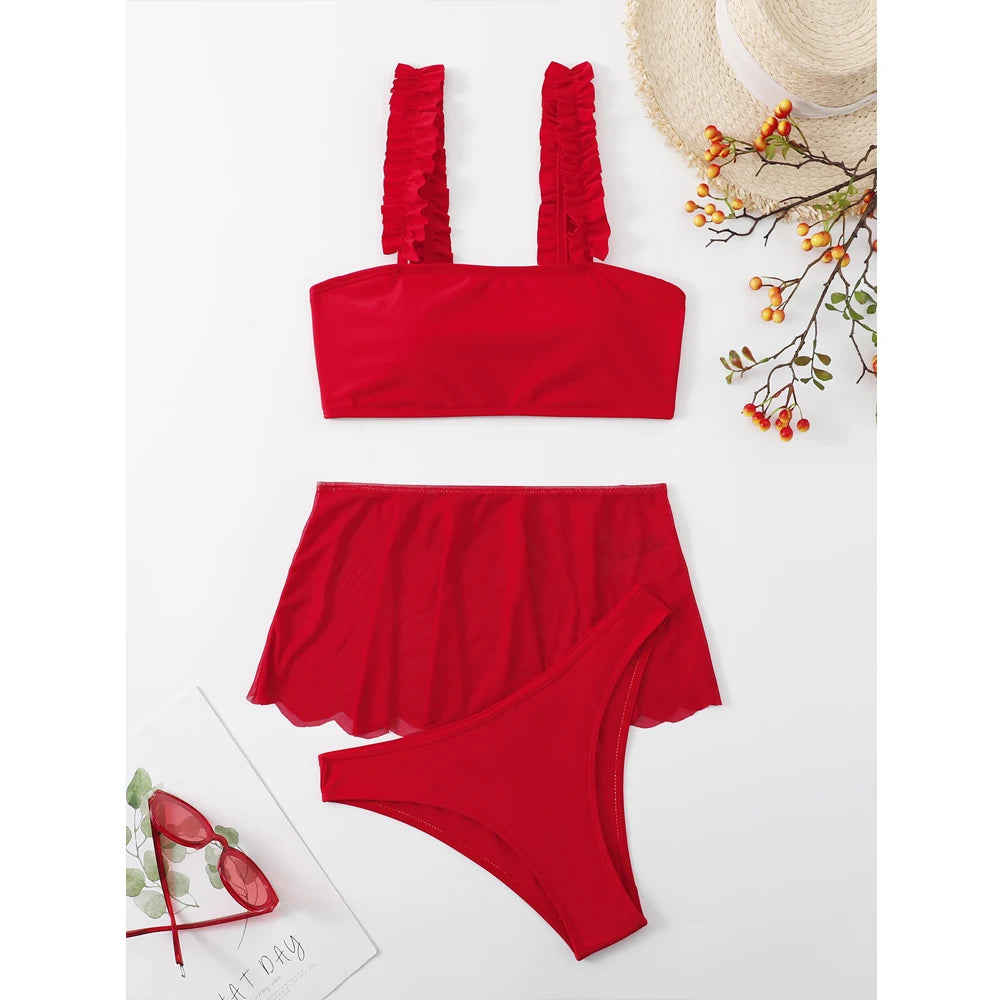 2026 Red Swimsuit Women Sexy High Waist Skirt Three-Piece Bikini Ruffle Suspender Chest Wrap Swimwear Summer Beach Bathing Suit