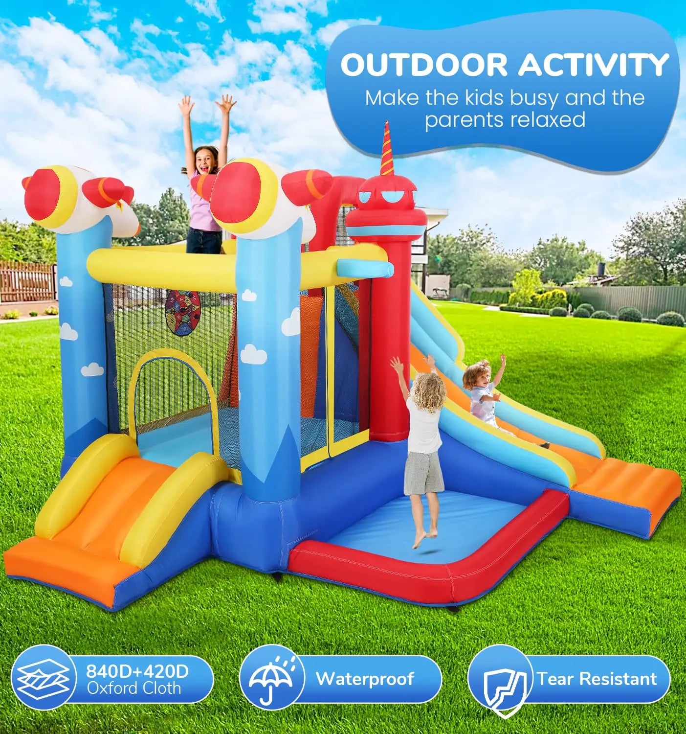 Inflatable Bounce House Water Slide, 7-in-1 Bouncy Castle Combo Water Pool & Bouncing Area & Slides & Basketball, Customized