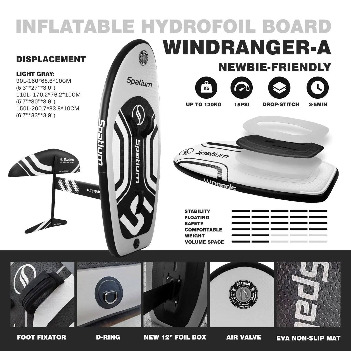 Spatium Hydrofoil Board for Surfing with Hydrofoil Accessories, Fix Kit Wing Foil Board Surf Hydrofoil Surfboard Gray