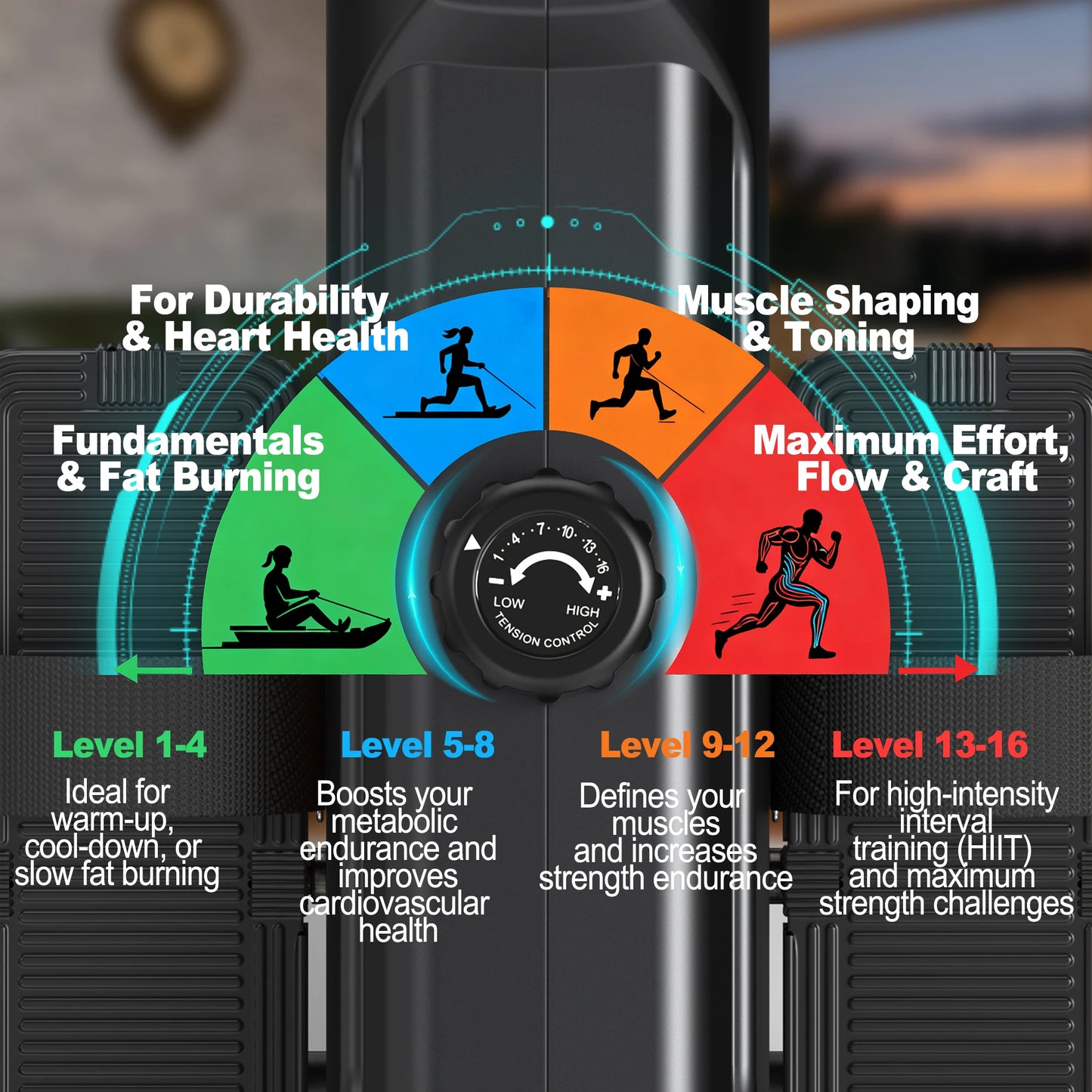 MettleMatic Foldable Rowing Machine - 16 Levels Magnetic Resistance & LCD Monitor - 300N Quiet Rower for Home Cardio Training