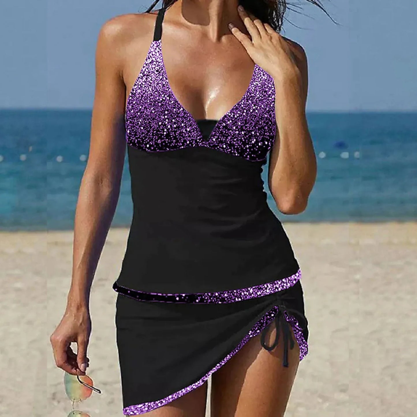 Women'S Split Swimwear Three Pieces High Waisted Green White Blue Golden Backless Swimsuit V Neck Push Up Bra With Sequin