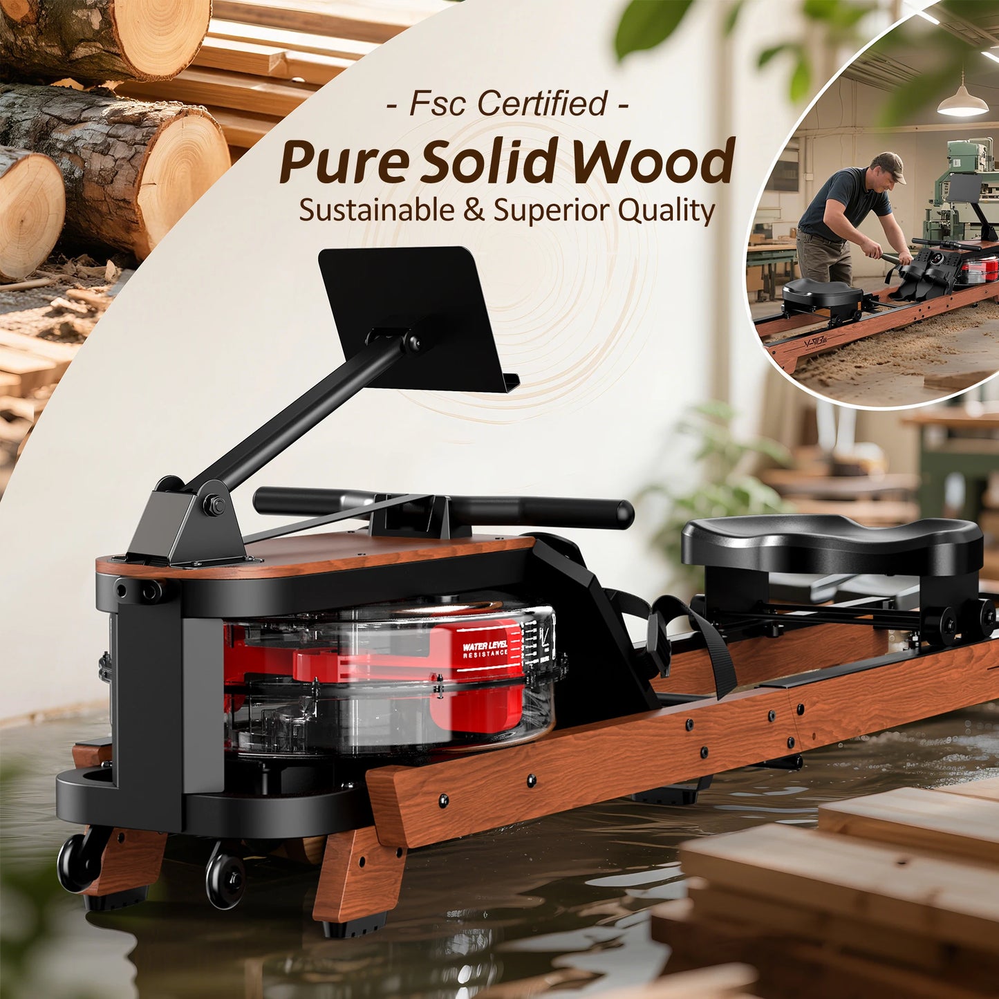 Foldable Oak Wood Water Rowing Machine for Home, App Compatible, Large Tablet Holder, 180kg Load Capacity, Fit for User Height up to 200cm