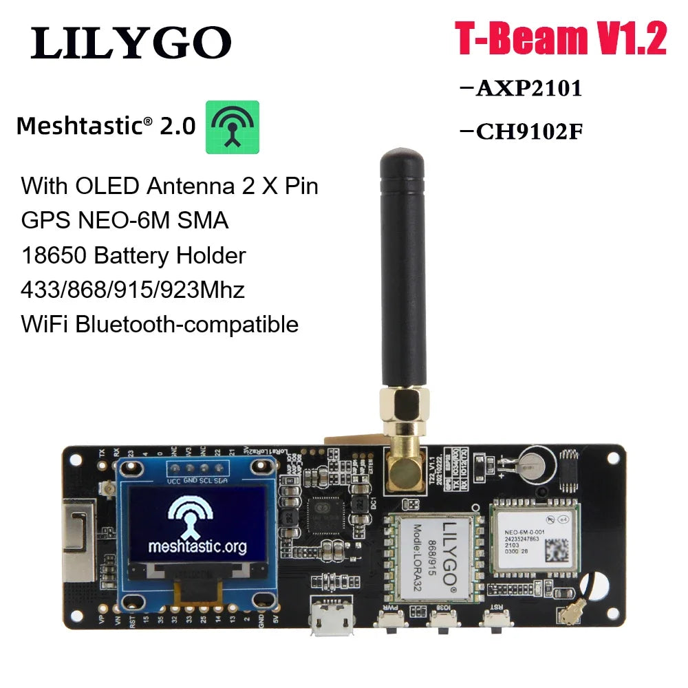 LILYGO® TTGO Meshtastic T-Beam V1.2 ESP32 LoRa開発ボード 433MHz 868MHz 915MHz 923MHz WiFi BLE GPS OLEDディスプレイ AXP2101