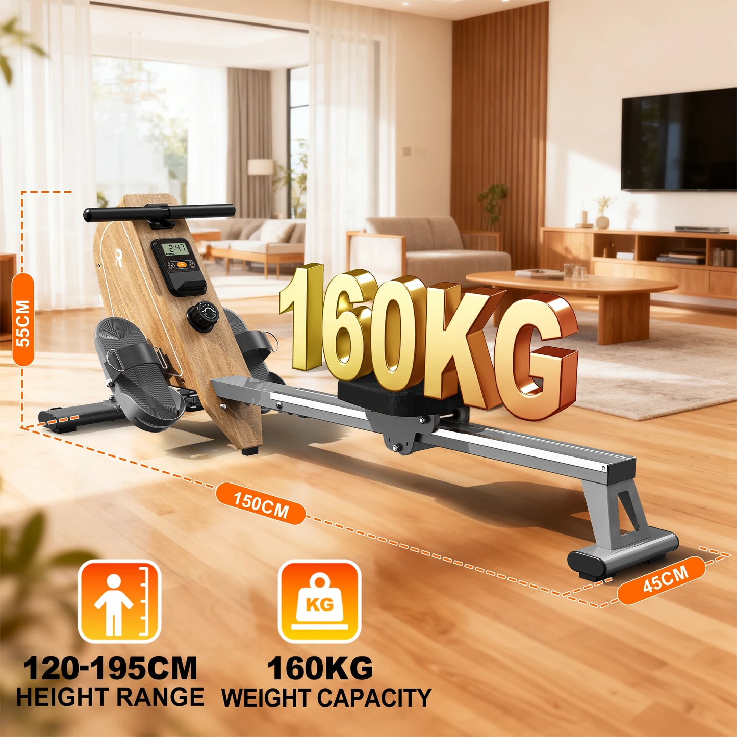 Mettlematic Rowing Machine for Home Use, Magnetic Rower with Bluetooth Monitor, 16 Resistance Levels, 150kg Capacity
