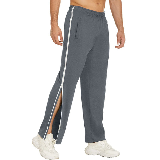 Men's Cotton Casual Sports Pants Side Buttons Basketball Zippers Fully Cut Postoperative Pocket Trouser Elastic Waist Pants