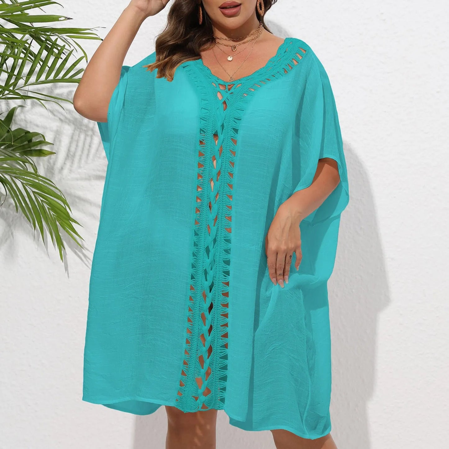 New Hole Beach Cover Ups For Swimwear Women Summer Beach Outfits Sundress Sexy Hollow Out Pink Swim Wear See Through Split Tunic