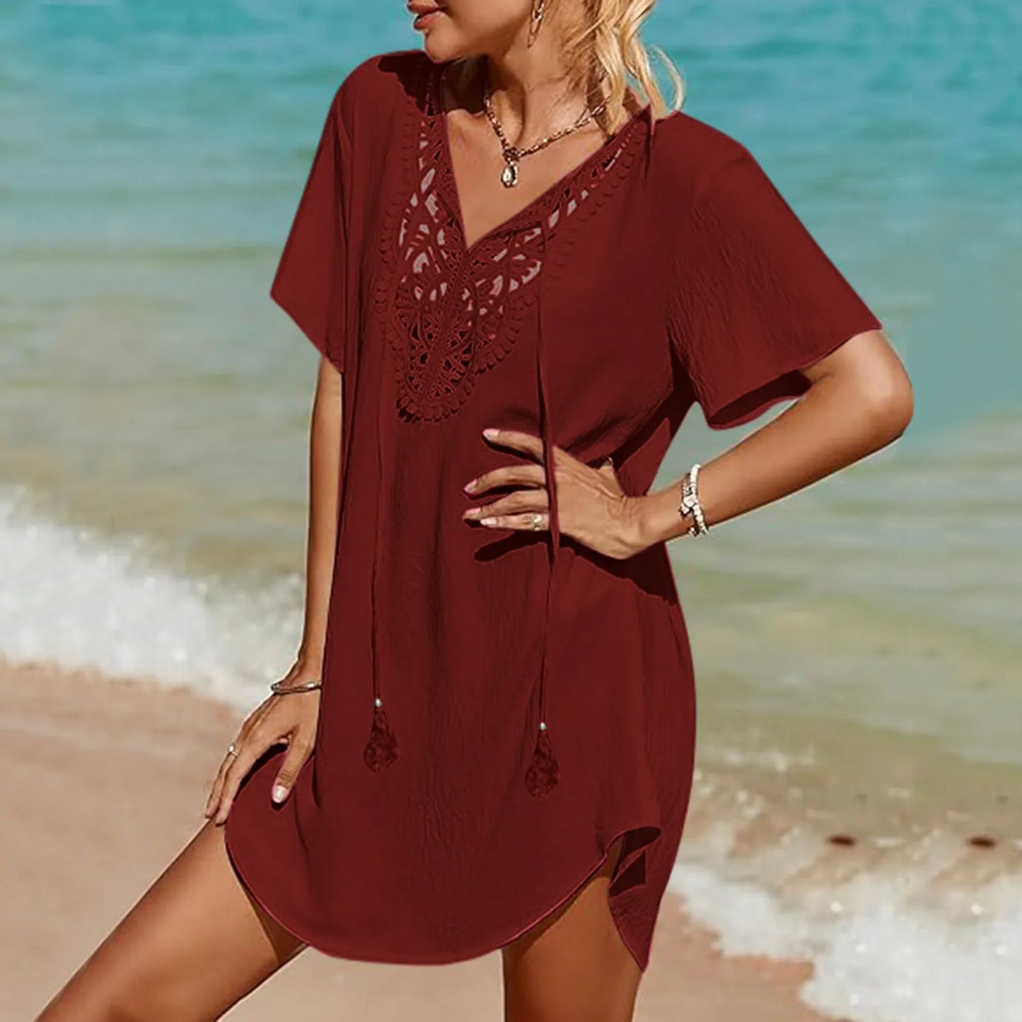 Plus Size Beach Dress Women Lace Crochet Cover Up For Swimwear Swimsuit Bikini Cover-Ups Summer Clothes Vacation Dresses