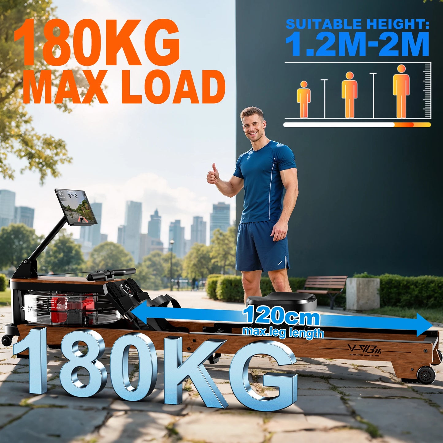 Foldable Oak Wood Water Rowing Machine for Home, App Compatible, Large Tablet Holder, 180kg Load Capacity, Fit for User Height up to 200cm