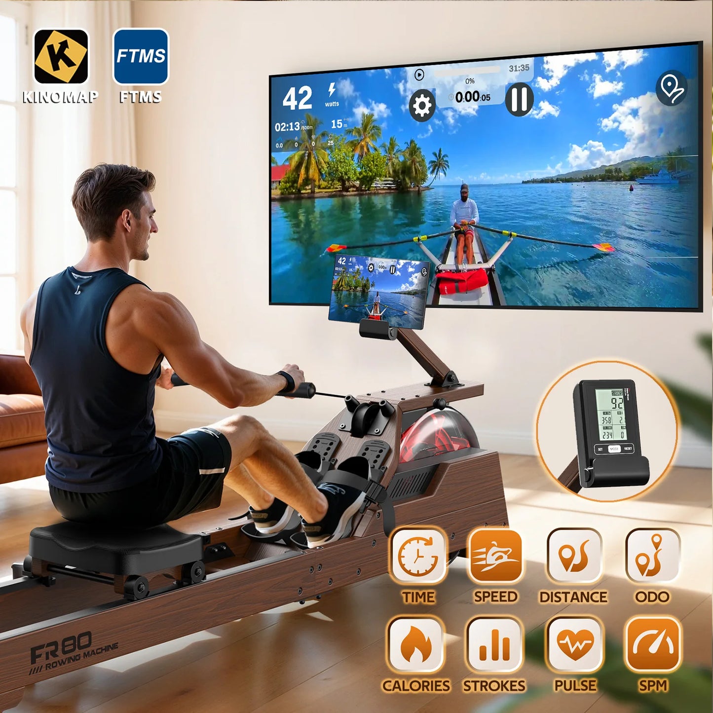 Fysiq Rowing Machine for Home: Wooden Water Rower with Vertical Water Tank, Bluetooth Compatible, for Users up to 210 cm Tall