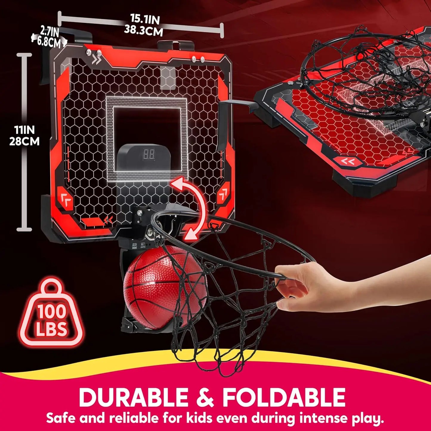 JOYFY Mini Indoor Basketball Hoop Light Up Over The Door Basket Ball Hoop for Kids Toys Birthday Gifts with Scoreboard & 4 Balls